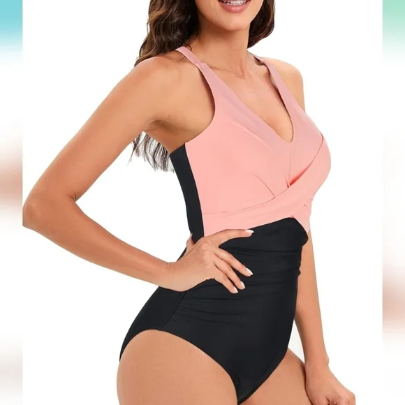 Women's Pink & Black One Piece V-neck Crisscross Tummy Control‎ Bathing Swimsuit - Picture 3 of 13